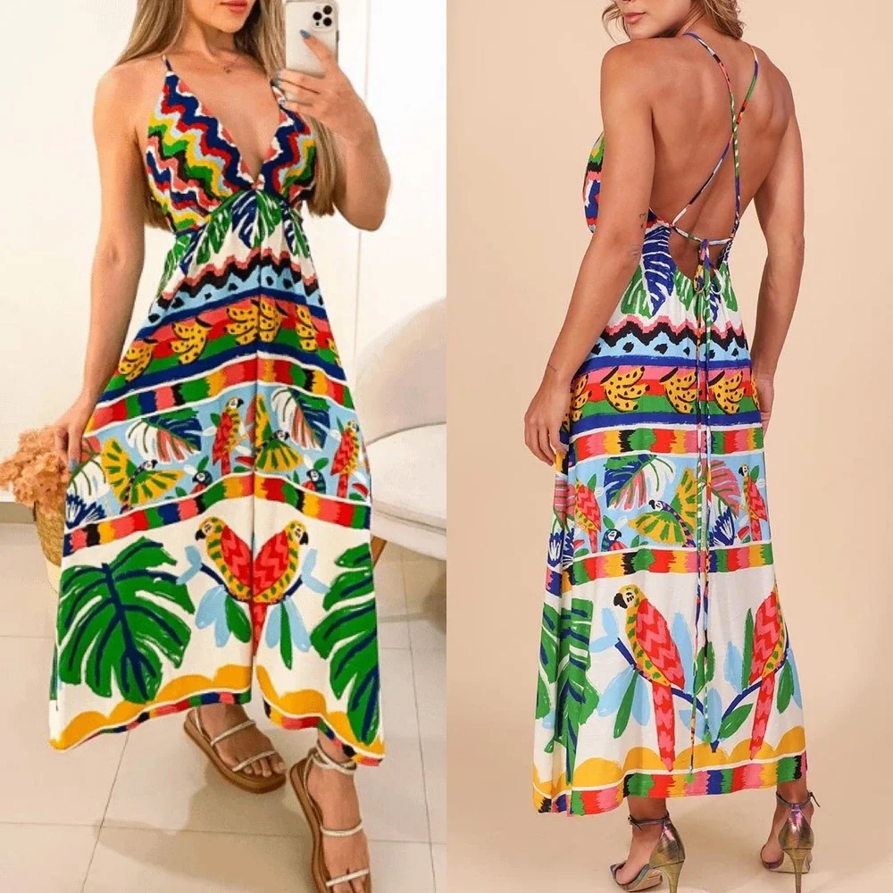 FARM Rio Tropical Print Maxi Dress Small Colorful Birds V Neck Backless Linen